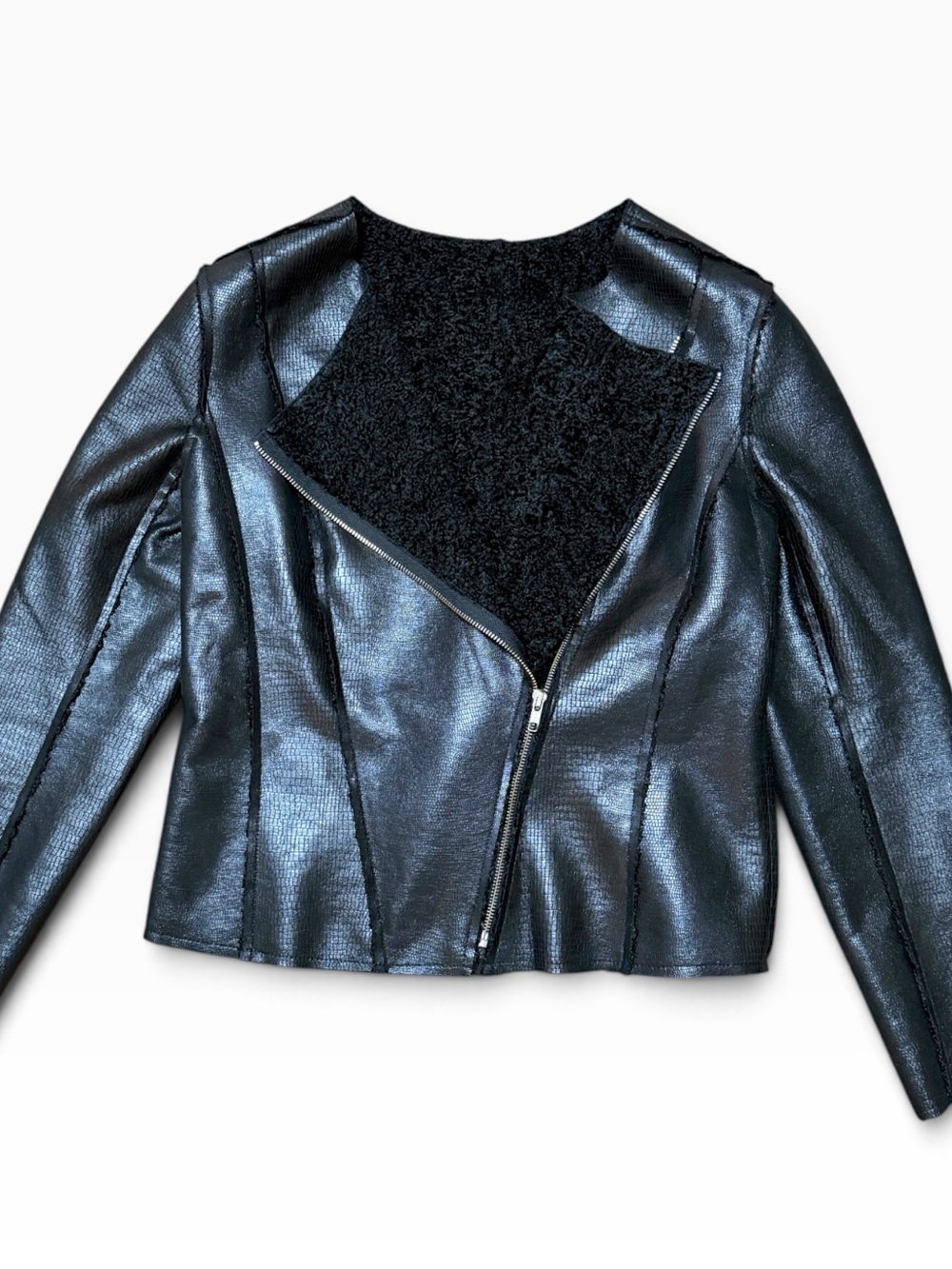 New Women’s Black Faux reptile croc Leather & Sherpa Moto Jacket medium m L